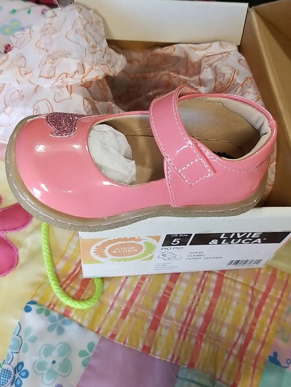 NIB Livie & Luca Guava Patent Leather Mary Jane W/Pink Glitter Bird Size 5 Pio